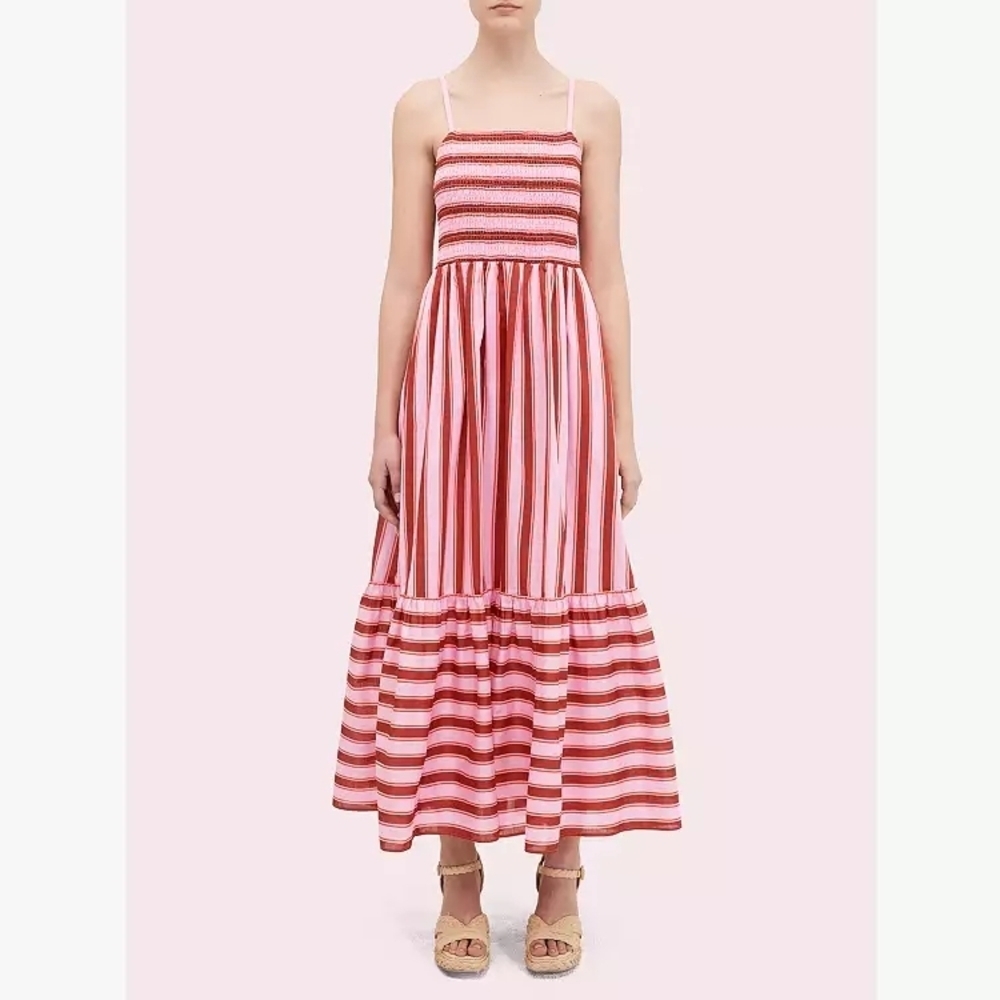 Kate Spade Pink Cotton Spaghetti Strap Calais Stripe Smocked Flowy Maxi Dress Xs